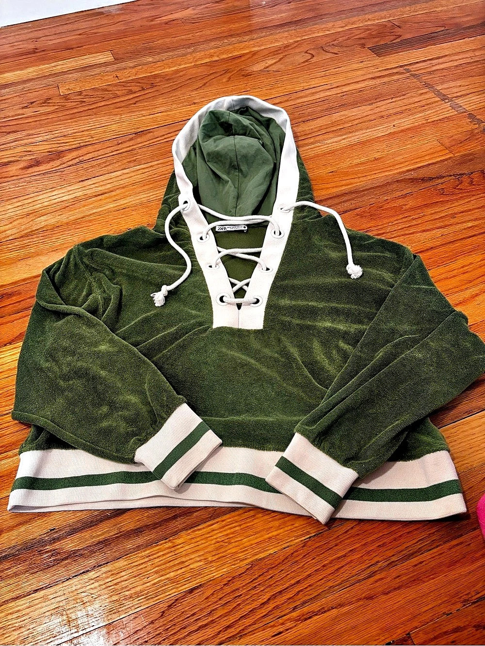 Zara Striped Lace-Up Hoodie in Green & White Like New